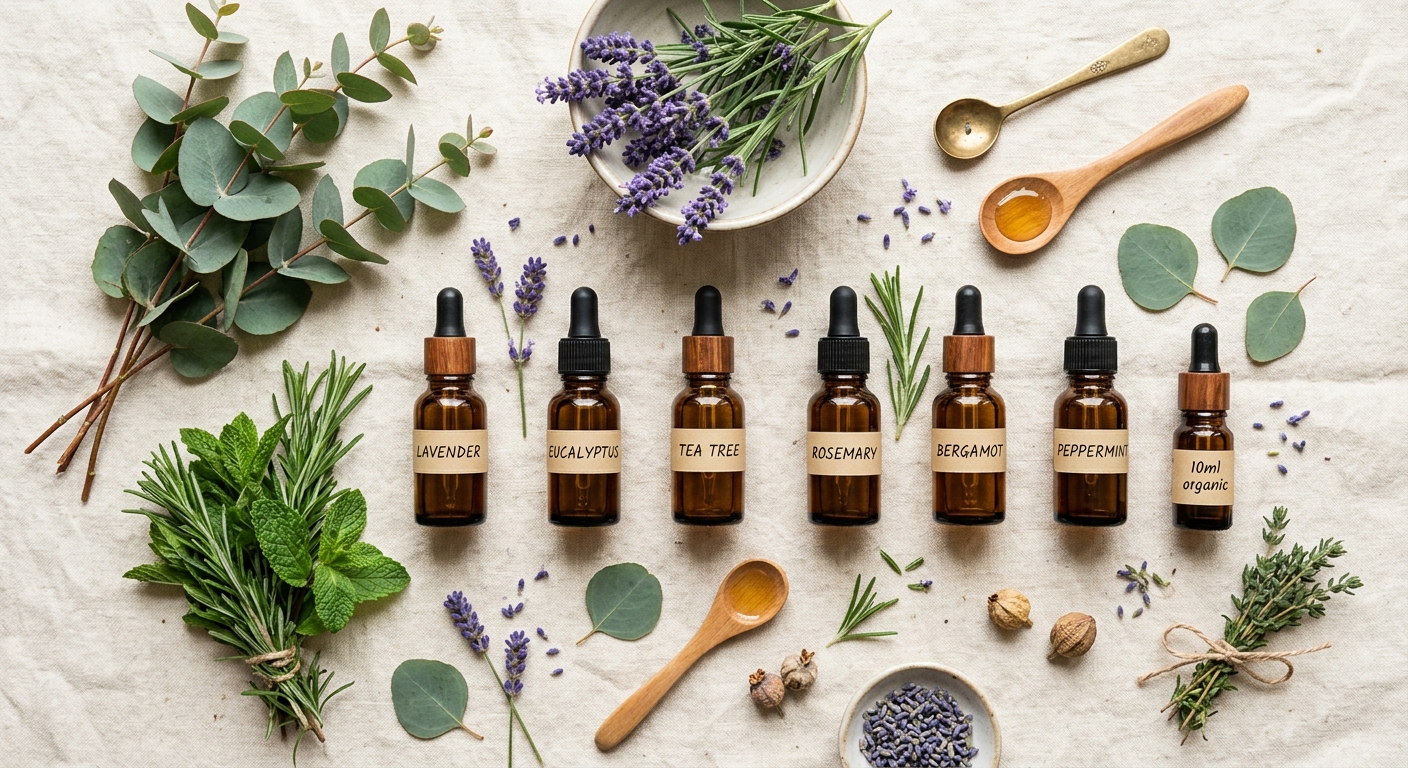 Curated essential oils on a calm, neutral surface