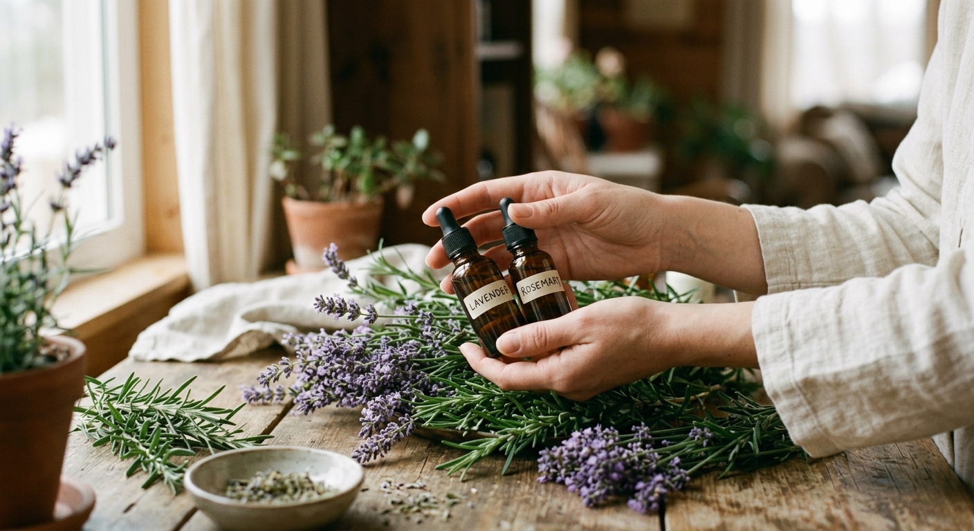 Botanical arrangement of dried herbs and oils