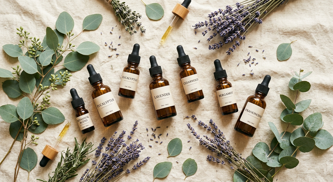 Eight amber dropper bottles of essential oils — eucalyptus, lavender, cedarwood, bergamot, frankincense, and others — arranged on a soft linen surface with eucalyptus sprigs and dried lavender