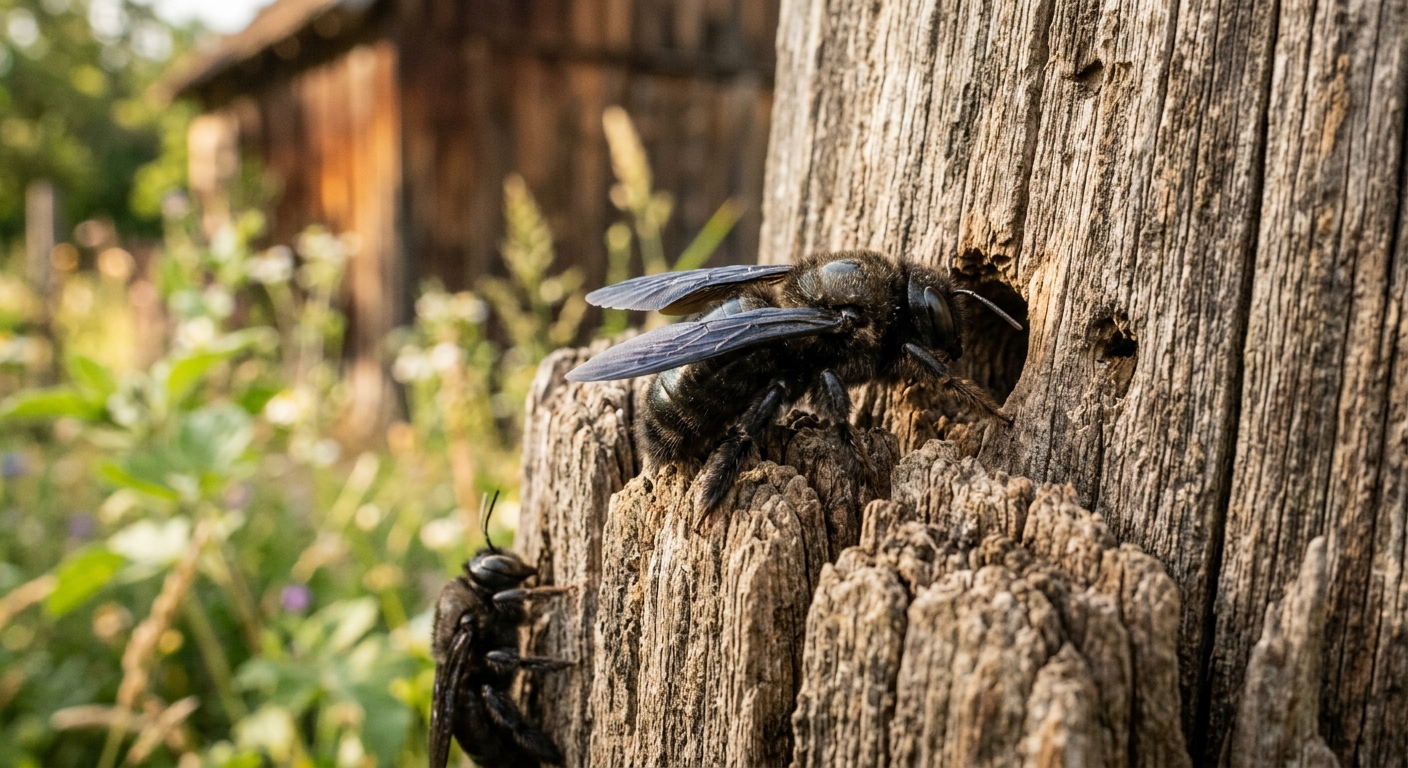 Carpenter bee on cedar siding near a sunny patio
