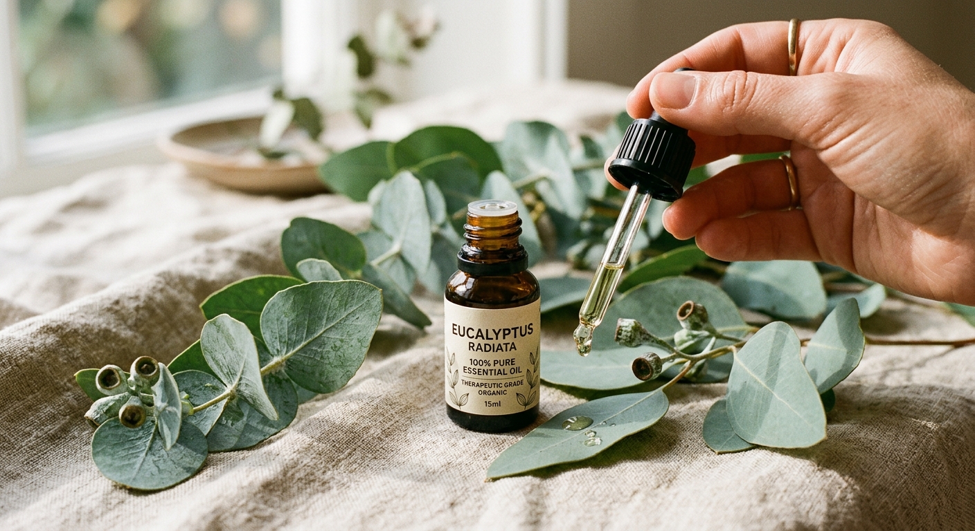 Amber dropper bottle of essential oil on a soft linen cloth surrounded by eucalyptus sprigs in warm natural light