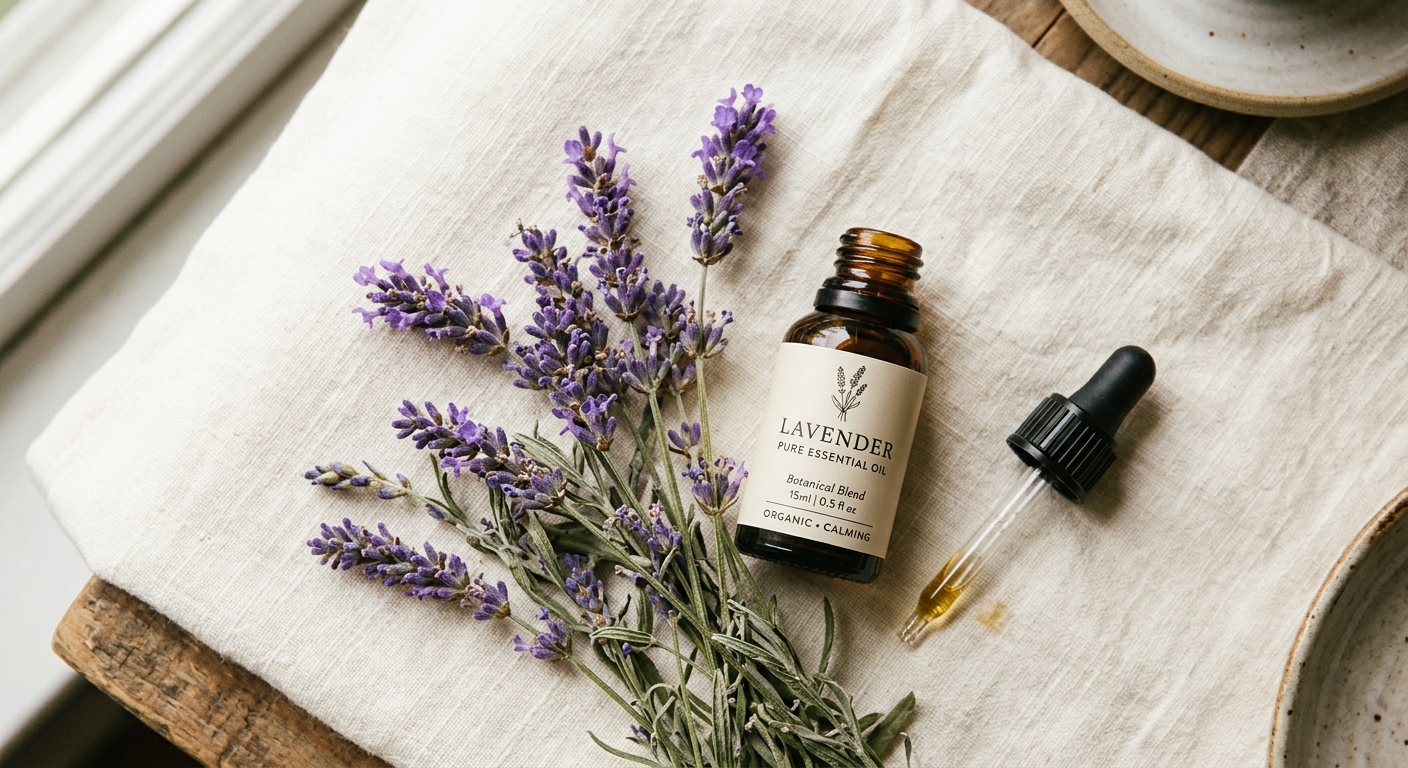 Amber bottle of lavender essential oil with fresh lavender sprigs on a soft linen surface