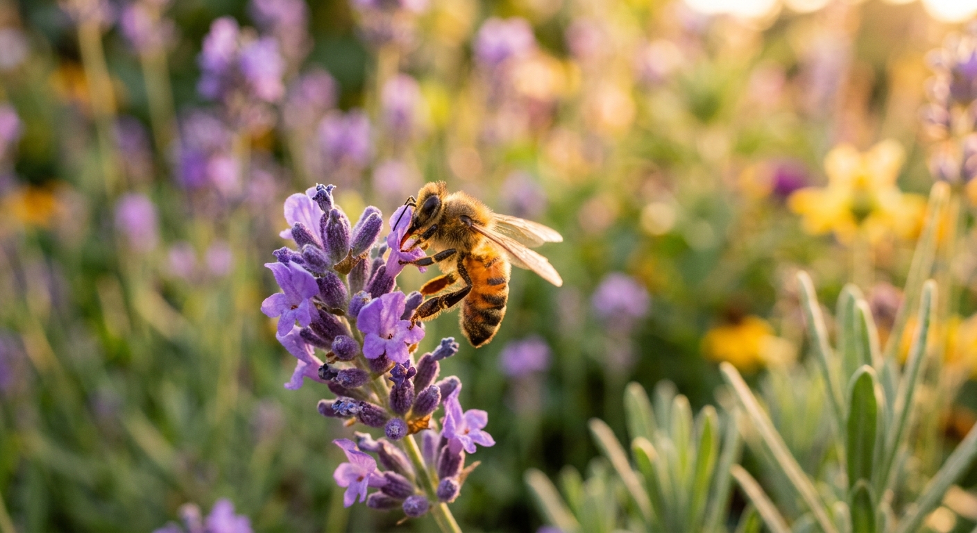 Honey bee foraging on a lavender bloom in late-afternoon light