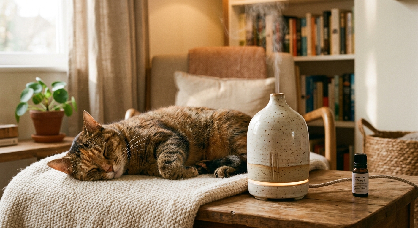 Tabby cat sleeping on a knit throw next to a ceramic ultrasonic diffuser and a small bottle of lavender oil in a sunlit living room