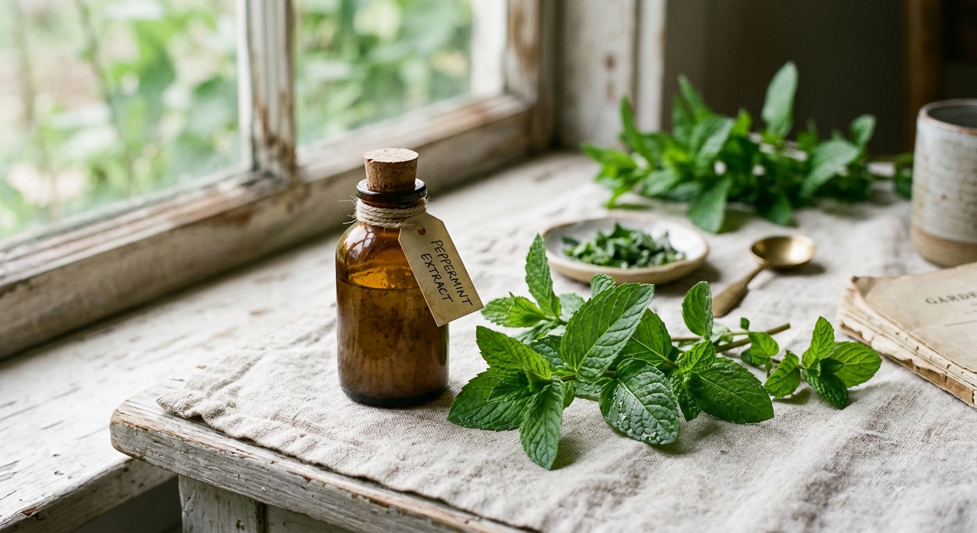 Amber bottle of peppermint extract with fresh mint leaves on a sunlit windowsill